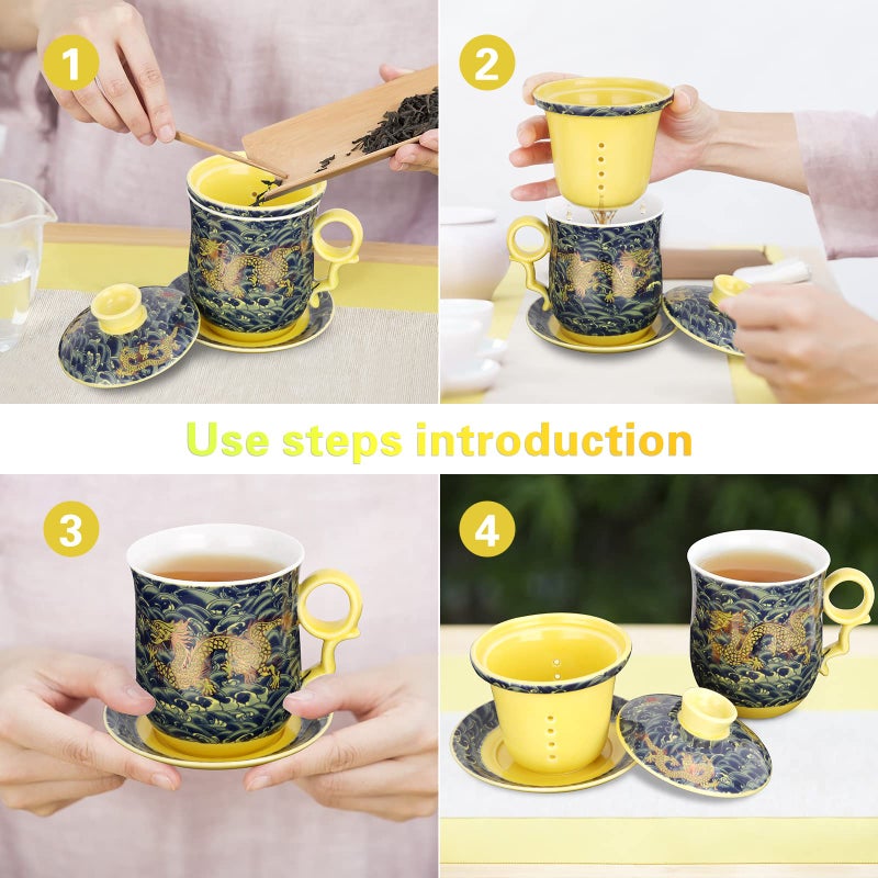 YURROAD Chinese Dragon Pattern Tea-Mug with Strainer Infuser and Lid and Saucer Ceramic Tea Mug Convenient System Chinese Porcelain Personal Tea Cup 13.5oz(400ml) - DARK GREEN TC400 - Image 5